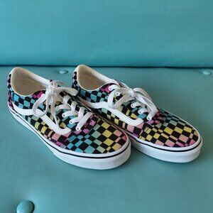 Vans Old Skool Warped Checkerboard Shoe With Rainbow Gradient Background, size 6